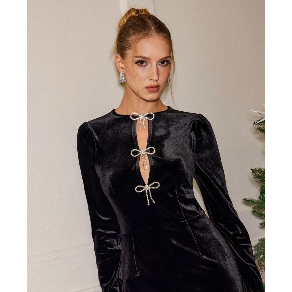 NWT Commense Velvet Long Sleeve Rhinestone Bow Dress Sz XL